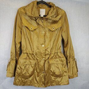 Spanner Utility Jacket Women 12 Stud Bell Sleeve Shiny Metallic Gold Slinky Glam